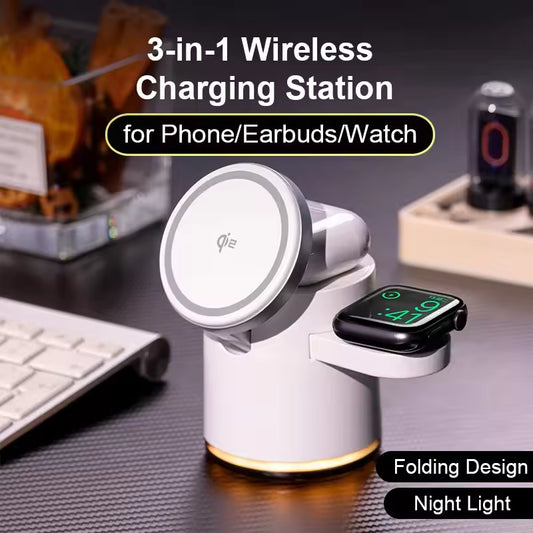 3 in 1 QI2 15W Wireless Foldable Charger, Fast Charging Dock Stand Night Light For Magsafe iPhone 17 16 15 14 Pro Max Airpods Pro Apple Watch Series