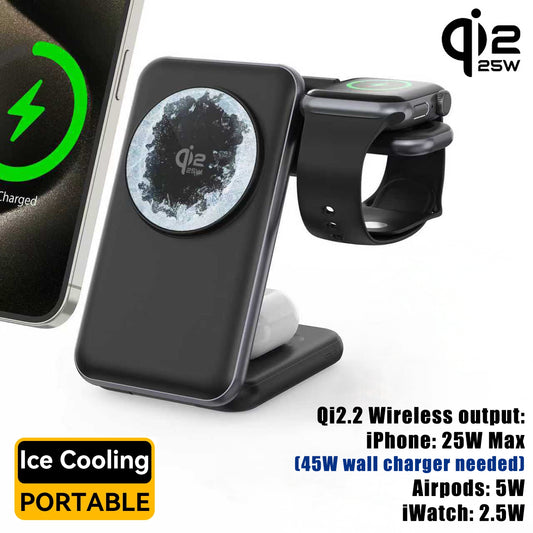 25W Magcold Cooling 3-in-1 Foldable Wireless Charger – Qi2.2 Magnetic Travel Stand with Active Fan Cooling for iPhone 17/16/15/14 series, Samsung Galaxy Watch, AirPods – Fast Phone Cooler Dock
