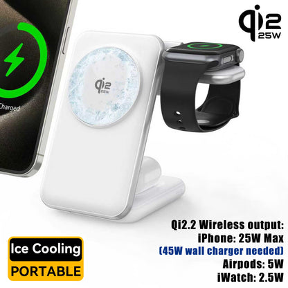 25W Magcold Cooling 3-in-1 Foldable Wireless Charger – Qi2.2 Magnetic Travel Stand with Active Fan Cooling for iPhone 17/16/15/14 series, Samsung Galaxy Watch, AirPods – Fast Phone Cooler Dock