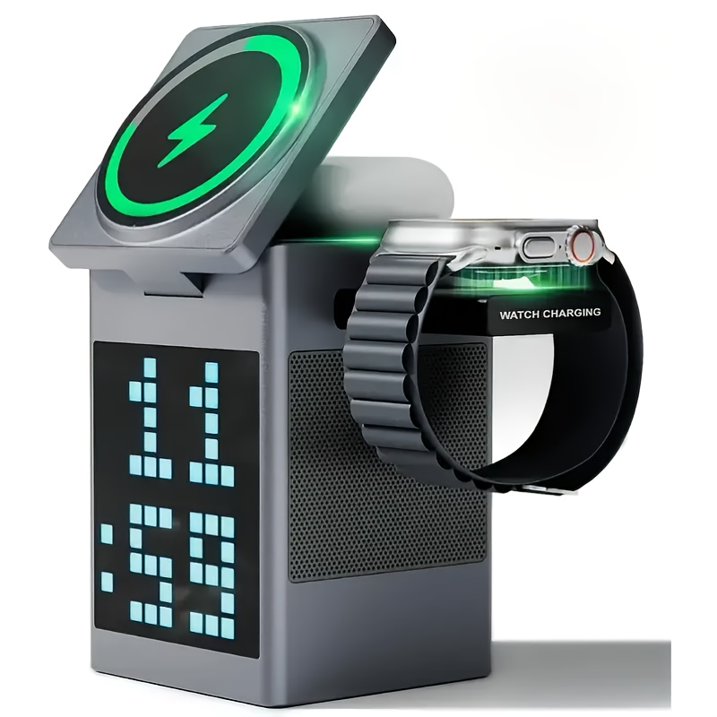 6-in-1 Aluminum Magnetic Wireless Charging Station with LED Pixel display, Bluetooth Speaker, Alarm Clock, for IPhone AirPods IWatch-Multifunction Charger, 15W Fast Charging