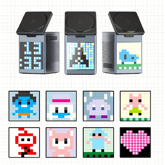 6-in-1 Aluminum Magnetic Wireless Charging Station with LED Pixel display, Bluetooth Speaker, Alarm Clock, for IPhone AirPods IWatch-Multifunction Charger, 15W Fast Charging