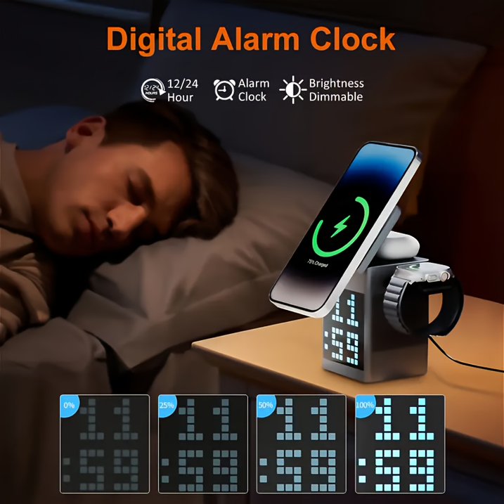 6-in-1 Aluminum Magnetic Wireless Charging Station with LED Pixel display, Bluetooth Speaker, Alarm Clock, for IPhone AirPods IWatch-Multifunction Charger, 15W Fast Charging