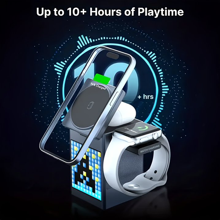 6-in-1 Aluminum Magnetic Wireless Charging Station with LED Pixel display, Bluetooth Speaker, Alarm Clock, for IPhone AirPods IWatch-Multifunction Charger, 15W Fast Charging