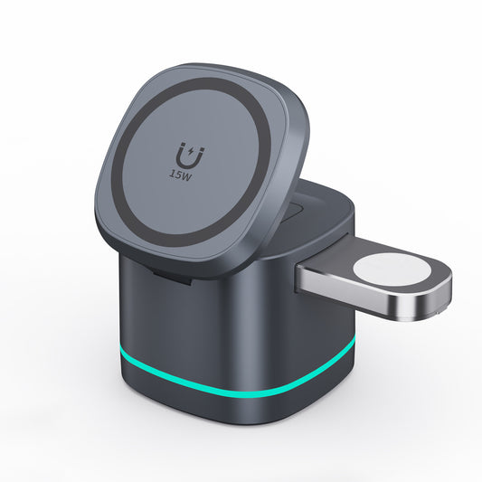 Transparent 3-in-1 Magnetic Wireless Charger Stand – 15W Fast Charging for iPhone 17/16/15/14, Apple Watch & AirPods – Foldable Travel Nightstand Dock