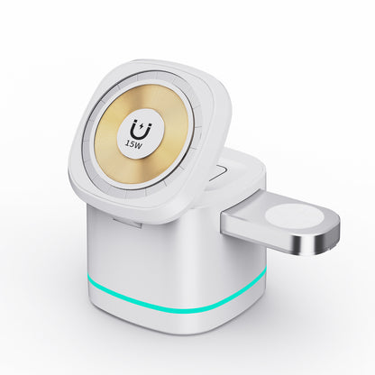 Transparent 3-in-1 Magnetic Wireless Charger Stand – 15W Fast Charging for iPhone 17/16/15/14, Apple Watch & AirPods – Foldable Travel Nightstand Dock