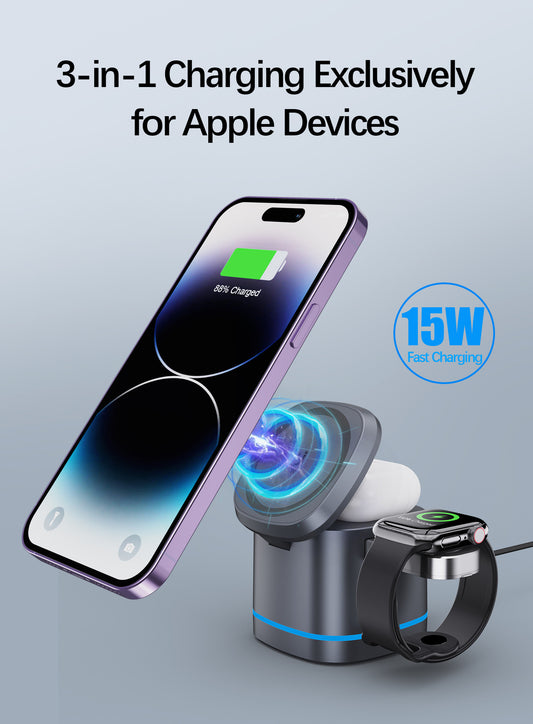 3 in 1 Transparent Magnetic Foldable Wireless Charging Station for Apple Devices, 15W Max Fast Charing Nightstand Magnetic Charger Stand, Desk Accessory for iPhone 17/16/15/14/13/12, Apple Watch, AirPods