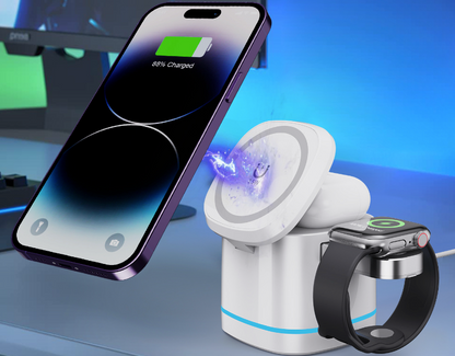 Transparent 3-in-1 Magnetic Wireless Charger Stand – 15W Fast Charging for iPhone 17/16/15/14, Apple Watch & AirPods – Foldable Travel Nightstand Dock