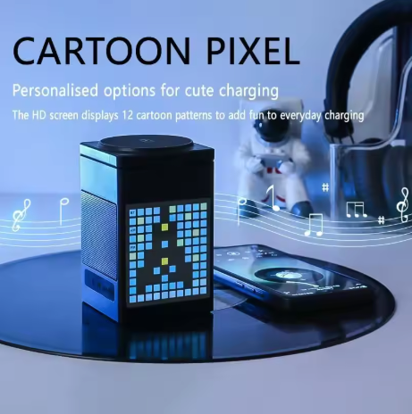 6-in-1 Aluminum Magnetic Wireless Charging Station with LED Pixel display, Bluetooth Speaker, Alarm Clock, for IPhone AirPods IWatch-Multifunction Charger, 15W Fast Charging