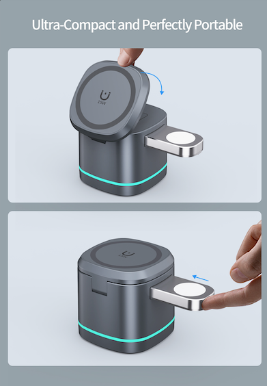 3 in 1 Transparent Magnetic Foldable Wireless Charging Station for Apple Devices, 15W Max Fast Charing Nightstand Magnetic Charger Stand, Desk Accessory for iPhone 17/16/15/14/13/12, Apple Watch, AirPods