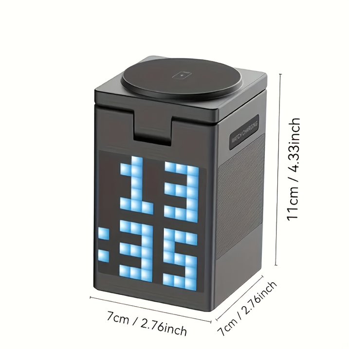 6-in-1 Aluminum Magnetic Wireless Charging Station with LED Pixel display, Bluetooth Speaker, Alarm Clock, for IPhone AirPods IWatch-Multifunction Charger, 15W Fast Charging